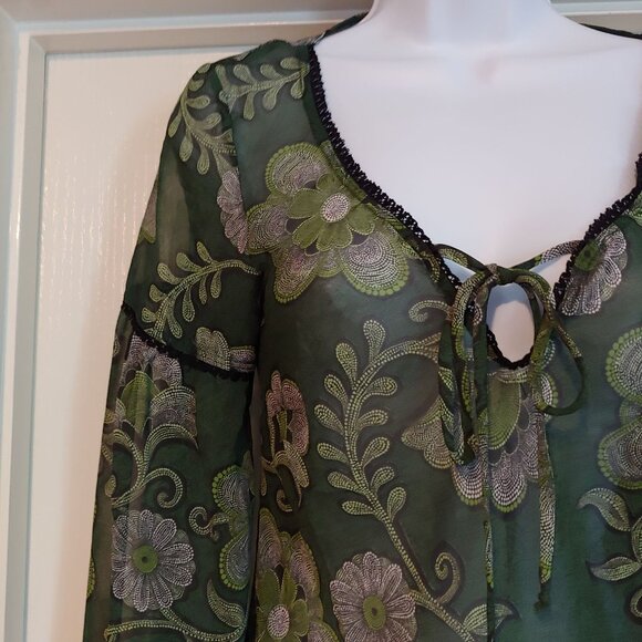 Ing Y2K Boho Sheer Floral Green Flowy Long Puff Sleeve Top M Hippie - Picture 2 of 14